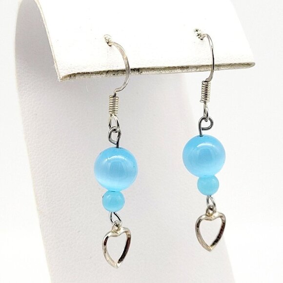 Artisan Blue Glass Cat's Eye Drop Dangle Earrings Heart Dangle Silver Tone 1 1/2 - Picture 1 of 4